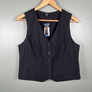 Express Womens Large Black Linen Blend Button Front Vest Sleeveless NWT $78